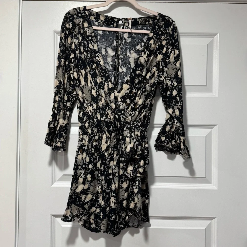 Free People Black and Cream Floral Wrap Romper with 3/4 Sleeves 02-0074